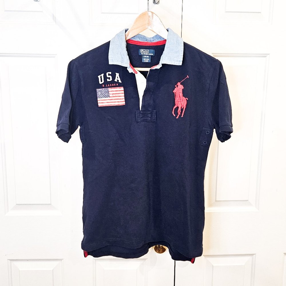 Polo Ralph Lauren Big Pony Navy Polo USA Flag Boys Size Large 14-16 100% Cotton